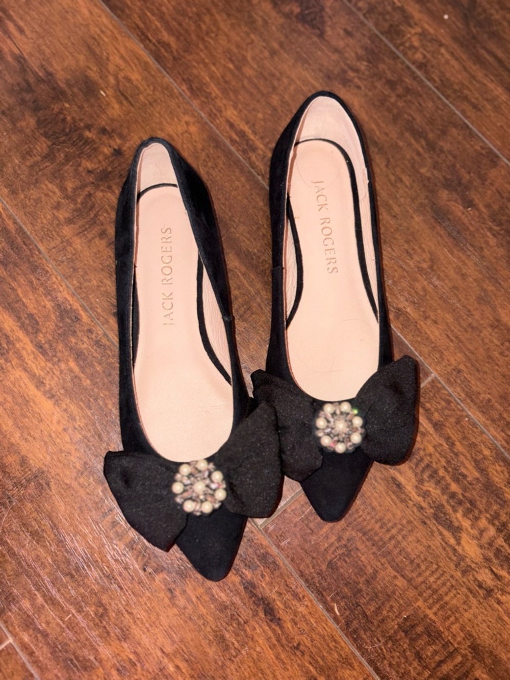 Jack Rogers Black Pointed Toe Flats with Bow & Jeweled Accent
